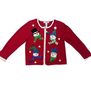 Heirloom Collectibles Cotton Christmas Snowman Cardigan Sweater Womens M Holiday